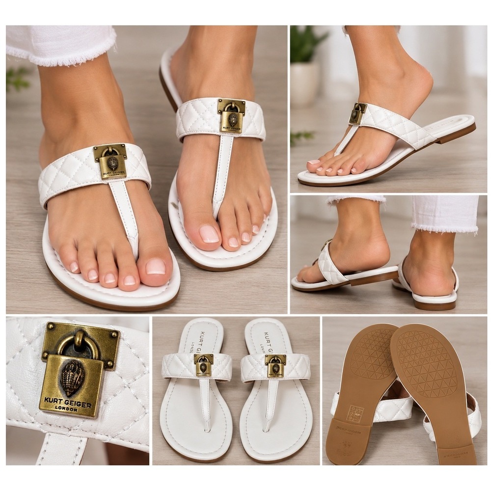 Kurt Geiger London White Quilted Leather Kensington T-Bar Eagle Padlock Sandals